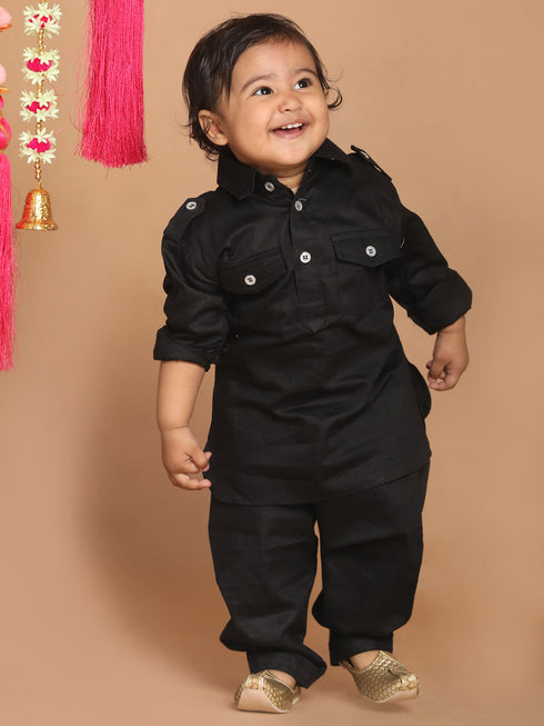 Sishu Boy's Black Pure Cotton Pathani Style Kurta With Pyjama Set